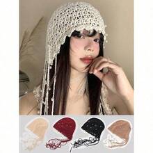 1pc Women's Handmade Crochet Hollow Out Beanie Hat, Lightweight Knitted Tassel Decor Cap, Fashion Headwear For Summer Sun Protection, Boho Style, Suitable For Mother And Daughter, Women Vacation, Halloween - 彩色 - 查看 1