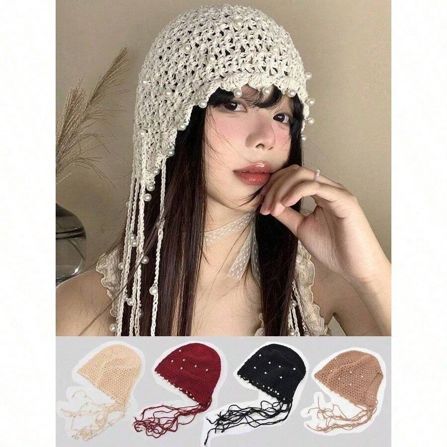 1pc Women's Handmade Crochet Hollow Out Beanie Hat, Lightweight Knitted Tassel Decor Cap, Fashion Headwear For Summer Sun Protection, Boho Style, Suitable For Mother And Daughter, Women Vacation, Halloween - 彩色 - 查看 1