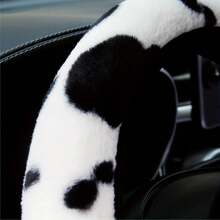 1件装毛绒奶牛纹方向盘套，防滑保暖毛绒奶牛图案方向盘保护套，汽车内饰装饰 - 乳牛 - 查看 4