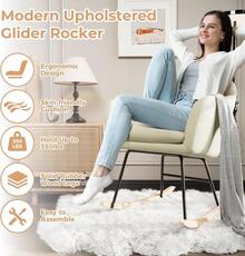 Silla de balanceo de planeador tapizado, silla de acento de balanceo de la guardería con otomano, cojines y patas de madera de goma - Beis - Ver 5