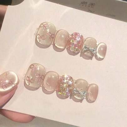 10颗手工制作少女风蝴蝶结形水钻月光缎面玻璃珠猫眼甜美粉色可爱日常休闲奢华美甲饰品美甲用品
