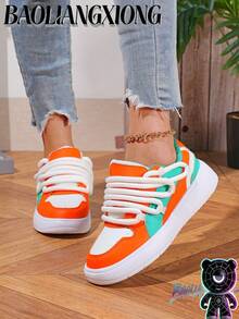 BAOLIANGXIONG Women's Low-Top Casual Shoes, CURB LEATHER SNEAKERS, Perfect Christmas Gift - 白橘綠 - 查看 2