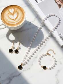Juego de joyería elegante de 3 piezas con flor negra y perlas - Uso diario minimalista para la oficina - Negro - Ver 4