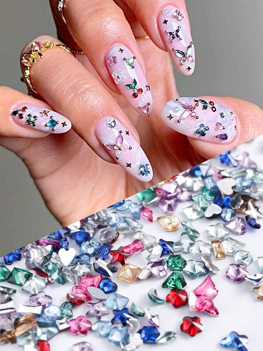 1 Pacote Mini Decorações de Unhas com Strass, Inclui Designs de Coração, Borboleta, Estrela, Flor e Strass Coloridos, Acessórios Charmosos de Salão de Beleza Y2K, Suprimentos de Arte de Unhas DIY, Gemas de Unhas - Multicolorido - Visão 1