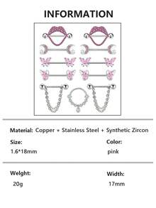 11/13pcs Copper Zirconia Lip, Heart & Multi-Element Nipple Rings, Stainless Steel Sexy Nipple & Navel Piercing Jewelry Set, Suitable For Women - Multicolor - View 5