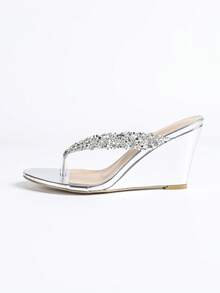 Giày cao gót thời trang nữ, da PU ánh kim, màu trơn, dự tiệc, đính đá, kiểu xỏ chân, hở mũi, hở gót, sandal mũi tròn cổ điển, sandal đế xuồng, mùa hè, ngoài trời, kiểu dáng thông thường, sandal bạc nữ, dép cao gót, tối giản, gợi cảm, đa năng, phong cách ánh kim. - Bạc - Xem 6