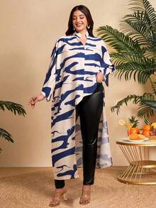 Women's Plus Size Allover Print Stand Collar V-Neck Solid Color High-Low Hem Ruffle Sleeves Asymmetric Hem Shirt(Random Print) - Multicolor - View 6