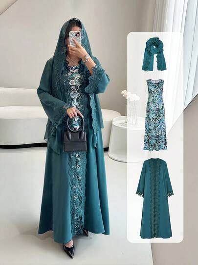 女士优雅三件套长袍，包括镶钻开襟长袍、针织内衬连衣裙和蕾丝边雪纺头巾——完美适用于节日和聚会，是春、夏、秋季的理想之选，也是女士优雅派对礼服。