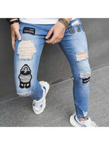 Pantalones vaqueros ajustados pitillo para hombre | Nuevos modelos, estampado de letras, rotos, casual juvenil - 207 - Ver 2