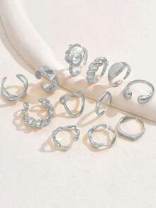 12 pièces/set Ensemble d'anneaux style punk, bagues design géométrique vintage pour femmes, bijoux personnalisés , convient pour le port quotidien et les fêtes - Argent - Voir 2