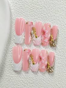10片浪漫主题美甲贴纸，亚克力美甲套装，渐变粉色人造花装饰，海马，贝壳，闪亮菱形钻石配件，法式水滴，香槟钻石美甲，粉色美甲，附赠美甲工具（1张果冻贴纸+1把指甲锉），3种尺寸可选：杏仁形、鸭形、棺材形，适合通勤、婚礼、派对、日常、节日等场合。 - 彩色 - 查看 4