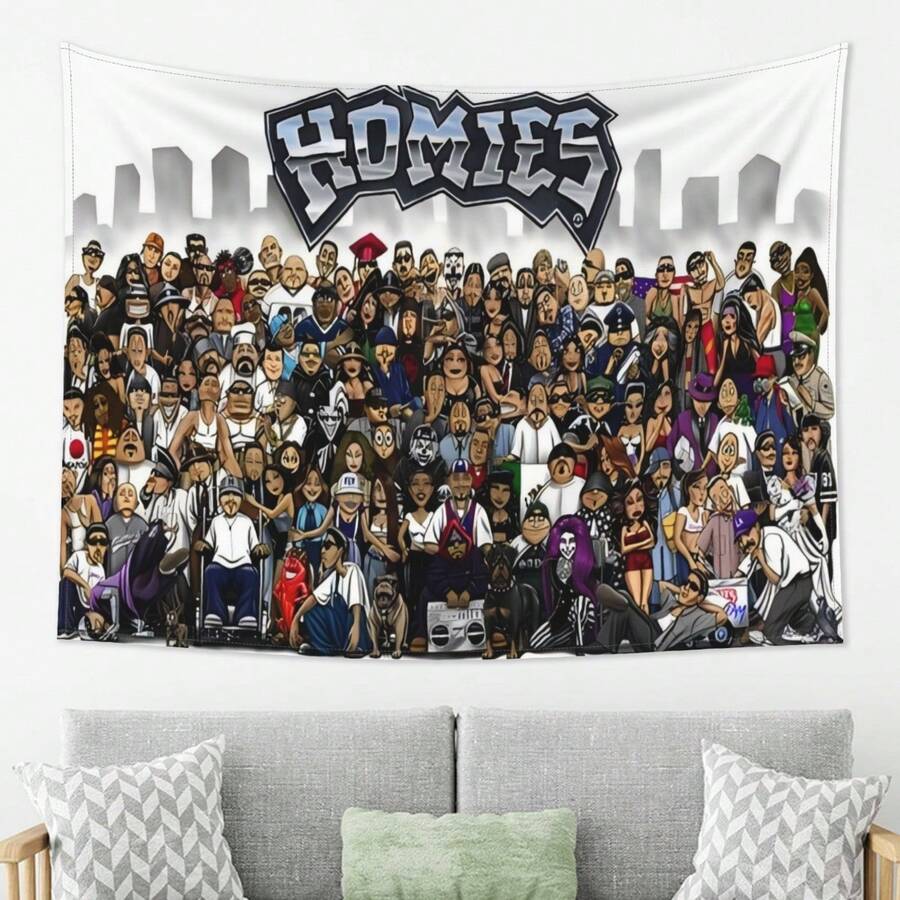 Homies Logo Tapestry With Diverse Cartoon Crowd - Large Wall Hanging Suitable For Parties, Dorms, ' Rooms & Group Events - Horizontal Tapestry Gift For Home Decor (Homies Characters) - Nhiều màu - Xem 1