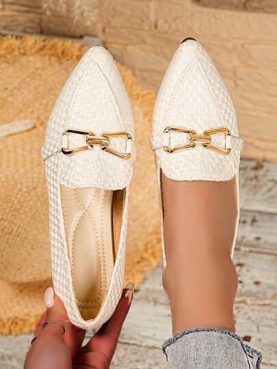 Zapatos planos de estilo Mary Jane con decoración de cadena y tejido de unicolor clásico para mujer, populares para todas las temporadas