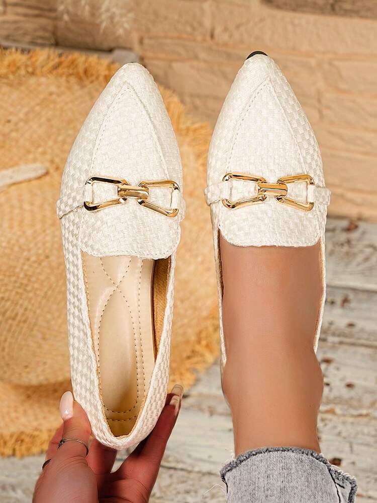 Women's Classic Solid Color Chain Decor Woven Mary Jane Flat Shoes, Popular All Season - White - View 1