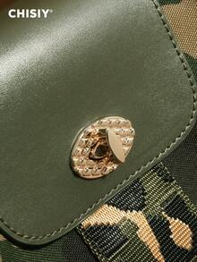 Unique Camouflage Green Large Tote Bag, High Capacity Handbag With PU Patchwork Camo, Fashionable And Casual, Suitable For Commuting, Outing, And School - 綠棕色迷彩 - 查看 9