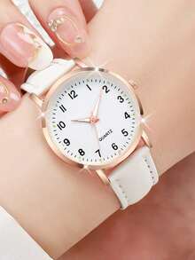 3pcs Minimalist Casual Women's Quartz Watches, Women's Gold Accessory Set (Includes Rose Gold Frame With Black/Red/White Leather Straps, Numeric And Rhinestone Dial Quartz Watches). Featuring A Rose Gold Frame Base With Black, Red, And White Leather Straps - Multicolor - View 4