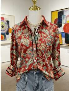 Women's Vintage Baroque Paisley Blouse Contrast Piping Long Sleeve Button Up Shirt - Multicolor - View 1