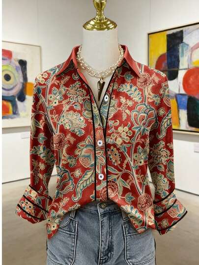 Women's Vintage Baroque Paisley Blouse Contrast Piping Long Sleeve Button Up Shirt