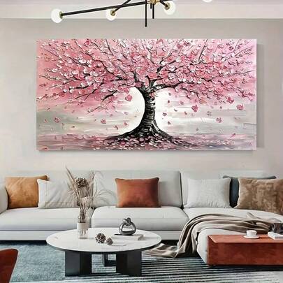 1pc Cherry Blossom Tree Canvas Art Unframed Abstract Life Tree Oil Painting, Minimalist Wall Decor For Living Room & Bedroom No Frame 50x100cm/19.68x39.37inch