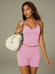 UONNOU Bộ đồ tập yoga, áo tank top buộc dây phía trước và quần short nâng mông, thích hợp cho chạy bộ. - Hồng - Xem 12