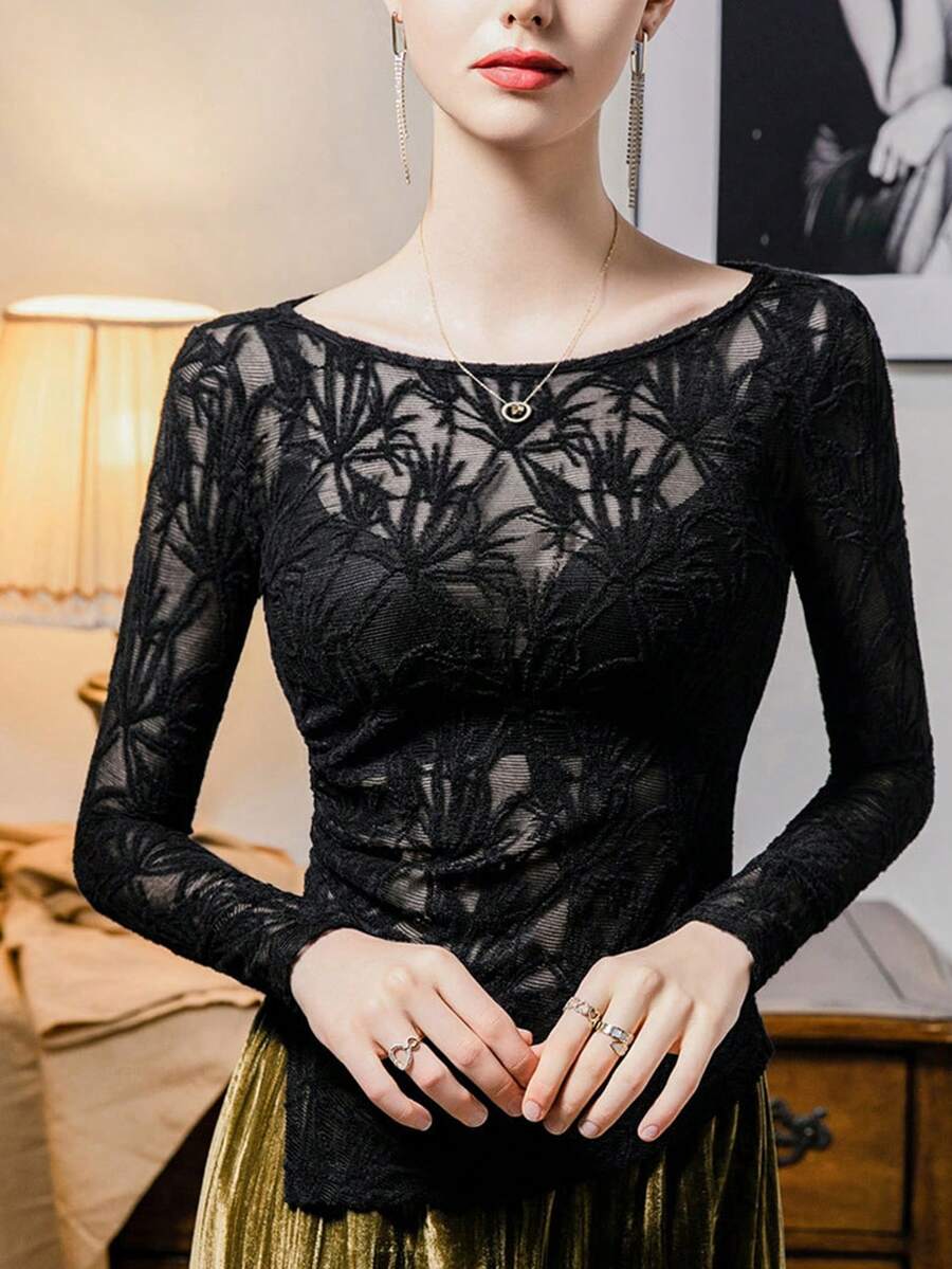 Lace Camisole Women, Flocked Hollow Out 2025 Autumn New Arrival Slit Stylish Blouse Top - Black - View 1