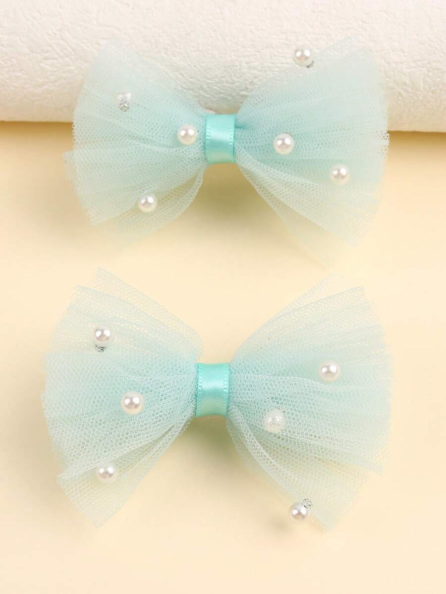 2个网状蝴蝶结发夹，纯色鸭嘴夹，优雅珍珠发夹，甜美发饰，适合日常佩戴和生日派对，可爱头饰，青少年情人节礼物 - 薄荷綠 - 查看 1