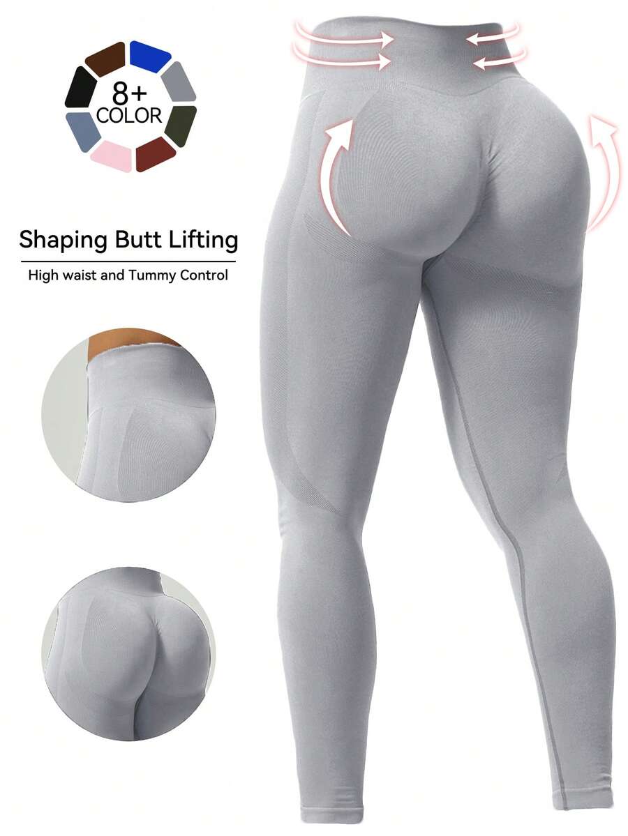 1pc Women's High Waist Skinny Leggings, THE GYM PEOPLE High Waist Thick Yoga Pants With Pockets, Tummy Control, 4-Way Stretch, Suitable For Workout And Running - Light Grey - View 1