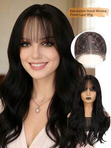 13*4*1T蕾丝前假发，28英寸长波浪卷发合成蕾丝假发，带刘海，耐热纤维，适合日常佩戴 - 彩色 - 查看 3