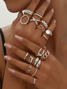 16pcs/Set Punk Style Geometric Rings Set, Vintage Fashion Jewelry Gift, Suitable For Daily Outfit And Party Accessories - Silver - View 1