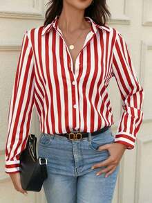 Contrast Color Block Striped Button Front Women Shirt, Loose Striped Blouse For Women Slimming Vintage Niche Versatile Top, Suitable For Daily Life And Valentine's Day - Đỏ - Xem 2