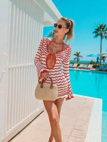 Women's Minimalist Chic Vacation Casual Fitted Bold Avant-Garde Sexy Pullover Hoodie, Spring/Summer - Brick Red and White - View 3