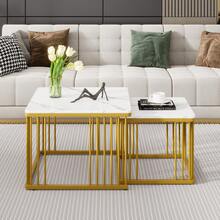 High-Gloss Square Version Marble Optical Sofa Table, Table That Can Slide One On Top Of The Other With A Gold Base, The Dimensions Are 60 * 60 * 45 Cm And 45 * 45 * 40 Cm.