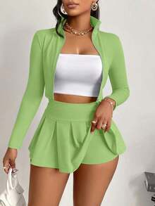 Women's Sexy 2-Piece Set, Slimming Top And Girly Style Safety Pants/Skirt, Suitable For Sports, Daily Life, Tennis, Casual Elegant Zipper Pleated Design, Autumn/Winter - Green - View 3