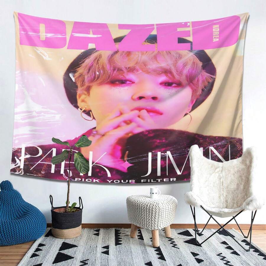 Dazed Magazine Cover Park Jimin Tapestry  Chic Kpop Aesthetic Wall Hanging, Soft Polyester Fiber Art For Bedroom, Living Room Decor  Gift For The Confident Woman Who Loves To Express Herself! - 白色 - 查看 1