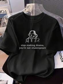 2025新款女士趣味标语T恤 - “别再制造戏剧性事件了，你又不是”图案T恤，休闲户外黑色夏季款 - 黑色 - 查看 1