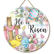 1 tấm bảng trang trí hình thánh giá "Chúa đã sống lại" chủ đề Lễ Phục Sinh, hình trứng, gà con và hoa hồng, dùng trang trí cửa ngoài trời, hiên nhà; vòng hoa gỗ hình tai thỏ kẻ caro kiểu nông trại dùng trang trí tường trong nhà. - Nhiều màu - Xem 6