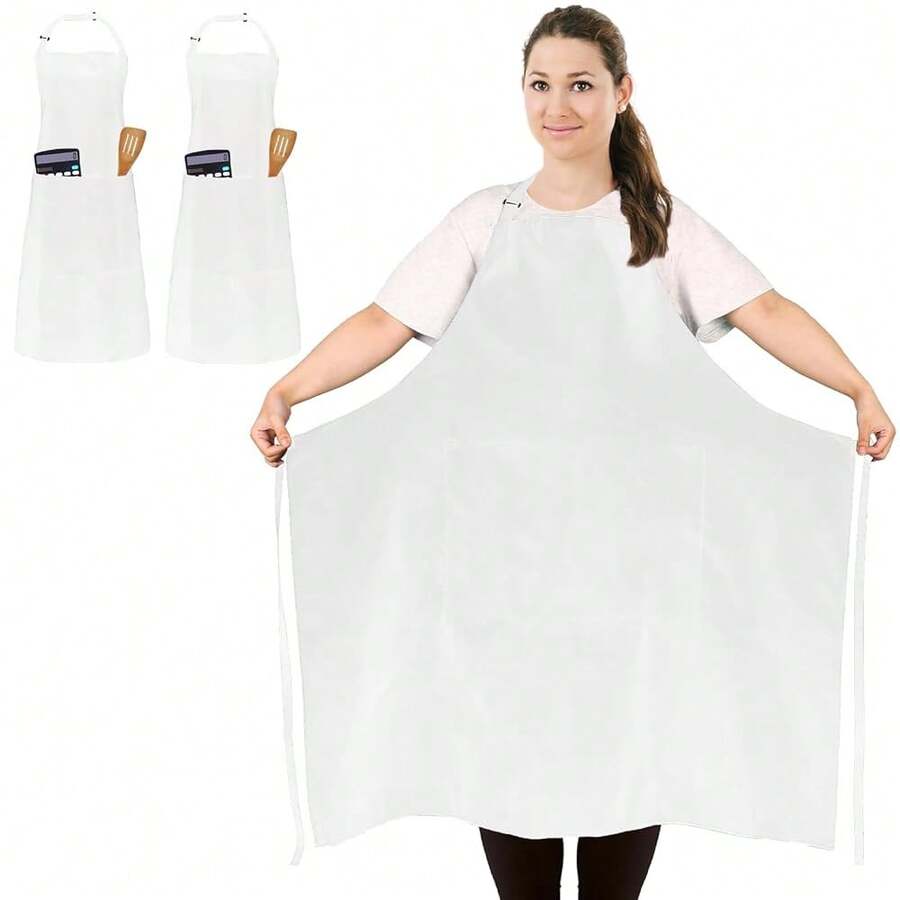 2 Pcs Plus Size Chef Apron, Unisex Professional Apron With 2 Pockets For CooFKing, Work, BaFKing (Larger Size) - White - View 1