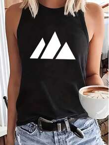 Women's Printed Tank Top, Model: "Mountains", Fashionable Women's T-Shirt With Print, Casual Sleeveless T-Shirt, Promotional Women's Blouse, Comfortable Summer Fashion - 黑色 - 查看 1