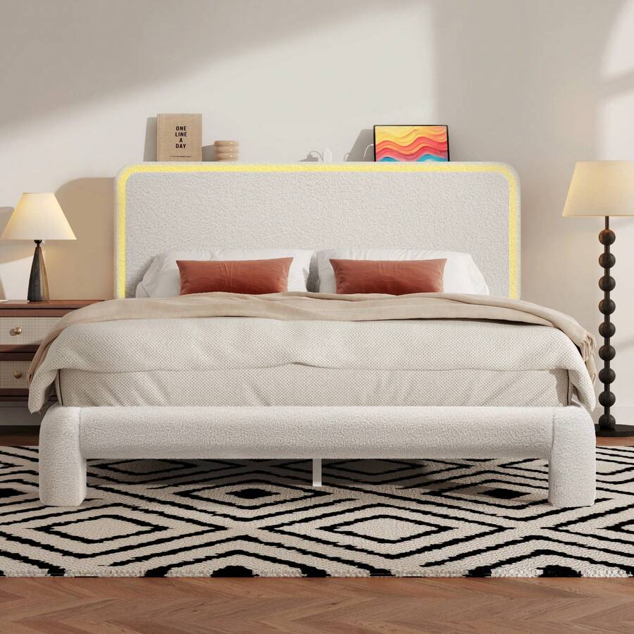 Gunji Upholstered Queen Bed Frame, Noise-Free Metal Support & Cloud Boucle Headboard With USB Charging Station & LED Lights, No Box Spring Needed, Beige* Bed Frame Queen Bed Frame Bed Queen Bed Frame Bedroom Furniture - 查看 1
