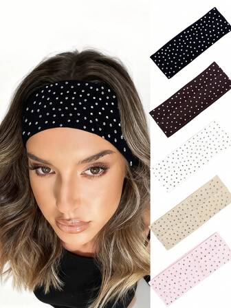 5pcs Women's Casual Soft Absorbent Rhinestone Knitted Ribbed Sports Headbands, Suitable For Indoor Fitness, Outdoor Sports, Outfit Matching, Decoration, Versatile For Any Occasion Fashion Hair Bands Winter Hair Accessories