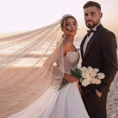 3米长单层珍珠串珠新娘头纱，带梳子，白色，新娘婚礼派对发饰