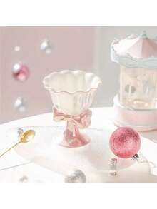 1pc 180ml Pink Ice Cream Cup, Japanese Bow Ceramic Dessert Cup, Cute & Elegant Personalized Design, Best Gift For Your Loved One