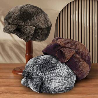 1pc Retro Polyester Patchwork Bow Beret Hat, Warm & Stylish Plaid Painter Cap, Versatile For Autumn/Winter