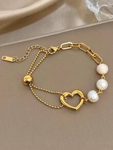 18K镀金珍珠心形手链，女士奢华珠宝，可调节双链设计，适合情人节、派对、晚宴、日常佩戴、约会、狂欢节、新年、婚礼、海滩、圣诞节、周年纪念日等场合，也是送给妈妈的优雅礼物，波西米亚风珠宝，生日伴娘礼物。