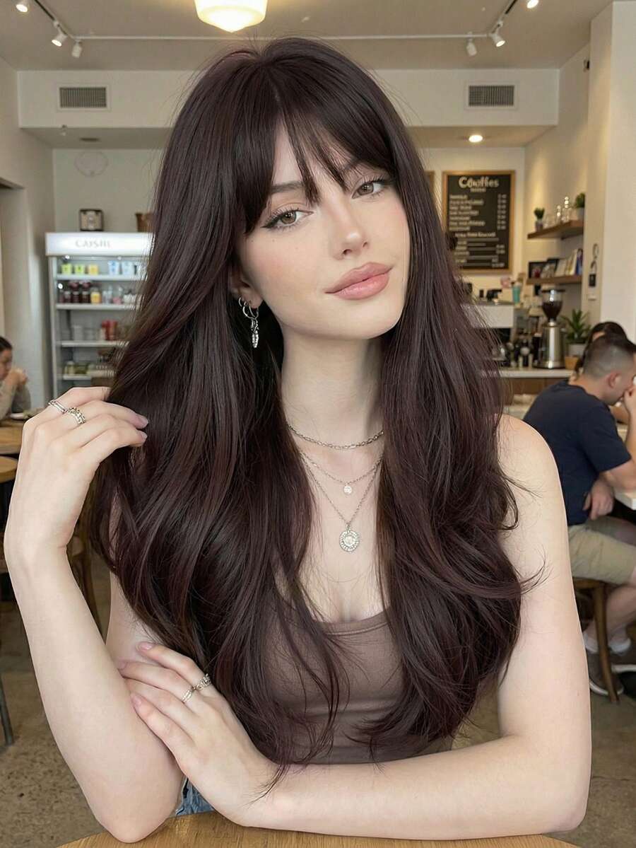 1pc Butterfly Cut Black Brown Synthetic Heat Resistant Straight Wig With Bangs, 24 Inches Long, Full Machine Weft, Natural Looking For Daily Wear, Christmas Y2K Gift - Black - View 1