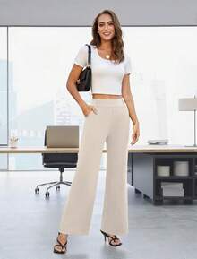 Women's Wide Leg Dress Pants High Waisted Stretchy Work Trousers Business Casual Office Pull On Slacks With Pockets 2025 TT2N - 深灰色 - 查看 3