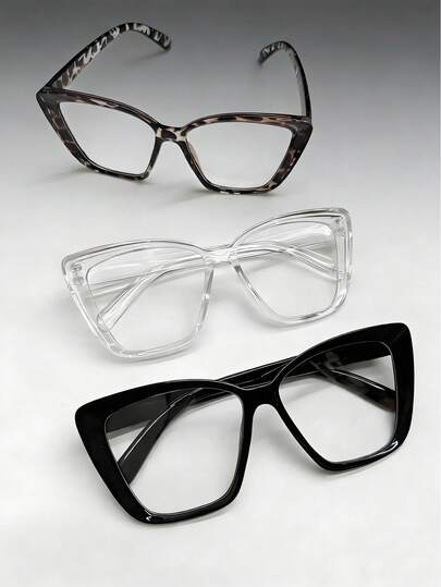 3 Sets / Pieces. Ladies' Flat Glasses. New Style. Sharp-Edged Large Frame Design. Casual, Simple, Transparent, Personalized, Multi-Functional, Slimming. Suitable As A Gift For Daily Computer Use, Reading And Gaming.