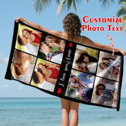 Customized Photo And Name Beach Towel, Personalized Valentines Day Bath Towel, Adult Pool Towel, Holiday Gift, Beach Towel, Wedding Anniversary Gift, Valentine's Day Gift, Birthday Gift, Gift For Friends/Couples/Family/Pets, Adult Pool Towel, Holiday Gift, Beach Towel,Bath Towel ,Quick-Dry, Sand-Resistant Microfiber