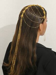 1pc Vintage Hollow Carved Metal Disc Long Chain Headpiece, Women Wedding/Formal Event Accessory