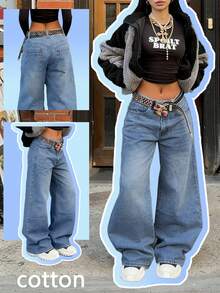 Quần jeans nữ dáng suông rộng rãi kiểu vintage, phong cách đường phố tối giản cổ điển, dễ mặc hàng ngày, thích hợp cho mùa xuân. - Rửa nhẹ - Xem 8